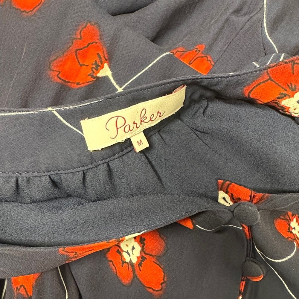 Parker Verity Maxi Dress Silk Button Front High Low Hem Floral Navy Blue Medium - Picture 10 of 12